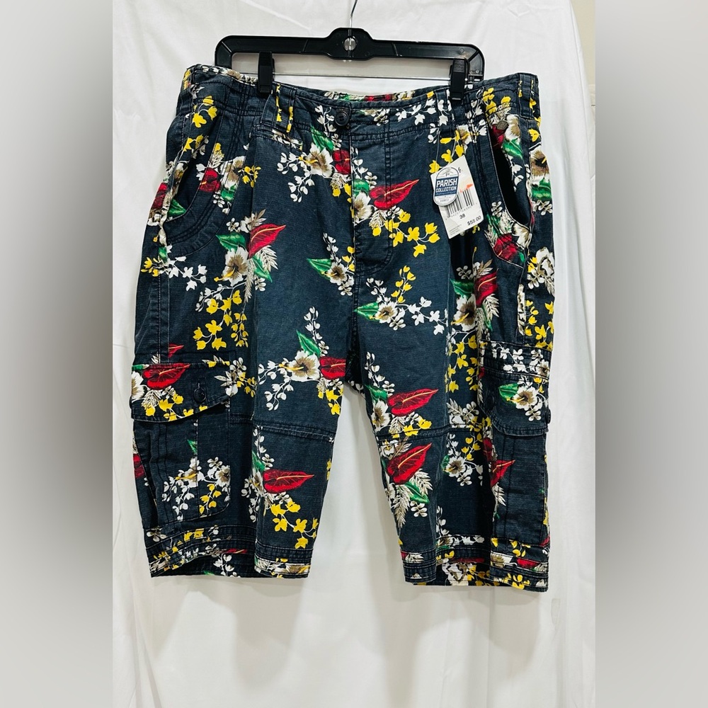 Parish Nation Hawaiian Beach Men's Cargo Shorts Flowered Print Denim Size 38‎